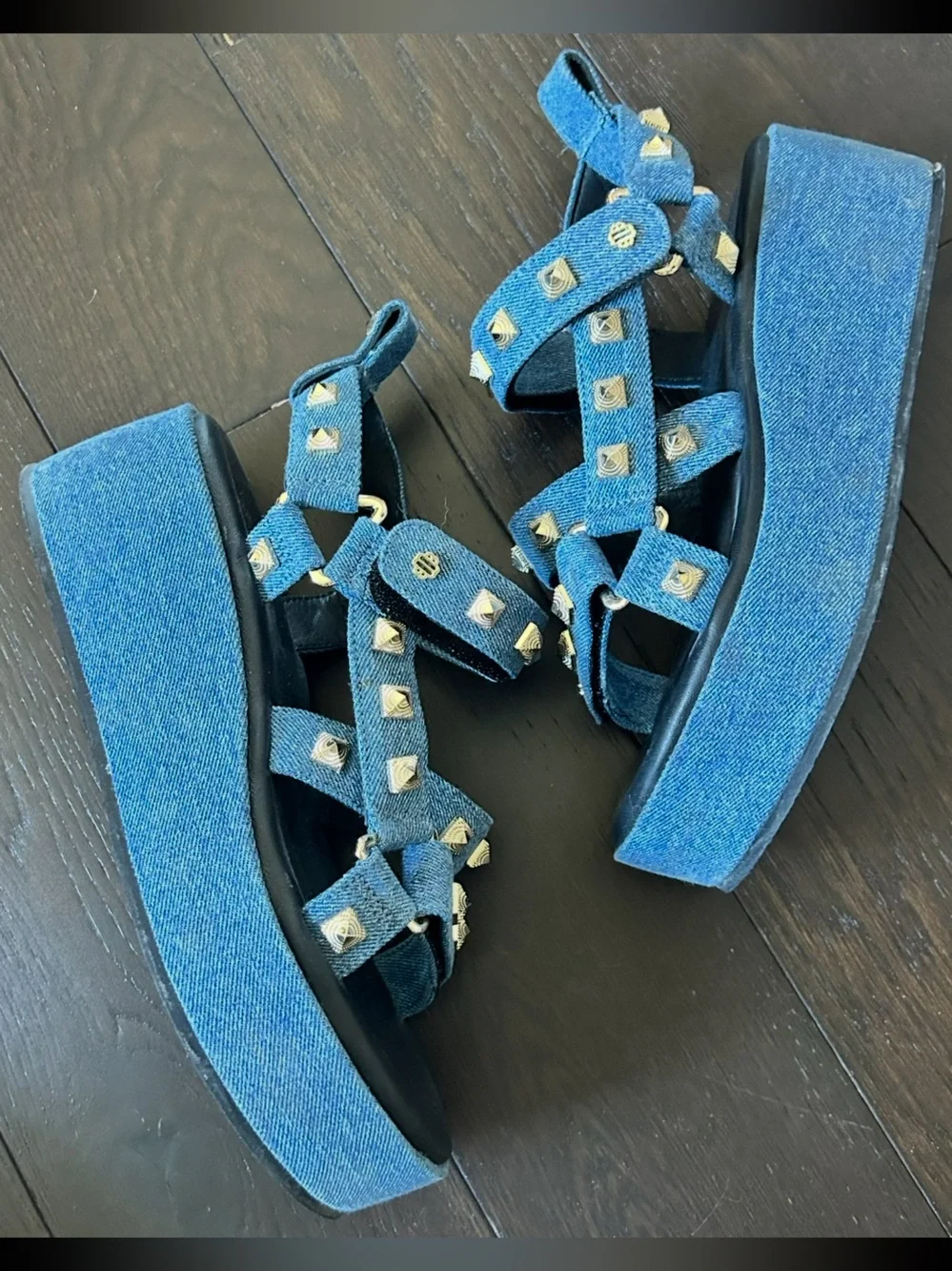 MAJE Denim Platform Stud Sandals, 36